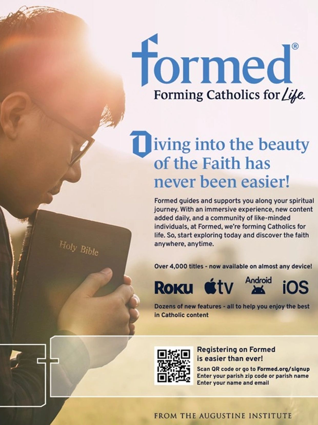 Man holding a Holy Bible with promotional text for Formed, a Catholic faith resource.