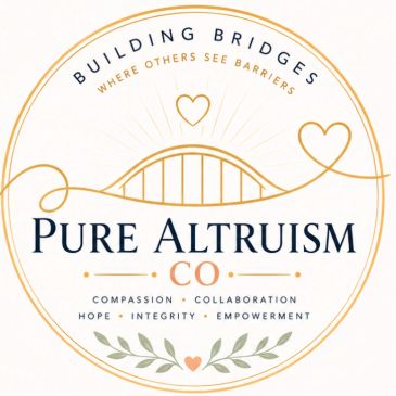 Pure Altruism Co logo with a bridge and hearts.