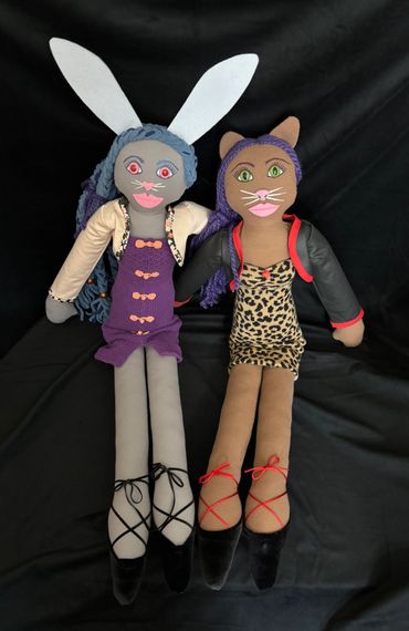 Bunny and Cat Lady dolls. Handmade, entirely hand sewn originals.