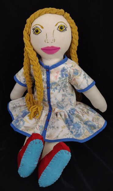 Eurasian blonde cloth doll in floral dress: Original handmade.
