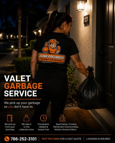 Woman in uniform holding garbage bag for valet garbage service.
