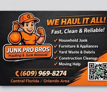 Business card for Junk Pro Bros hauling and junk removal in Central Florida.