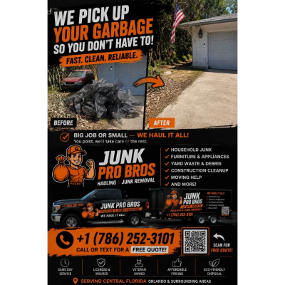 Junk removal service with before and after cleanup images.