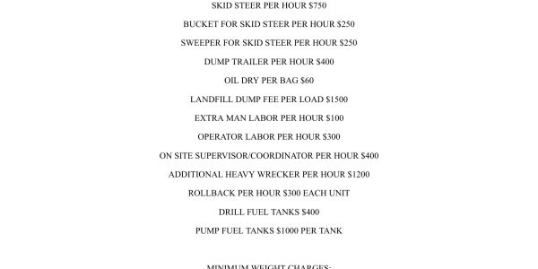 A price list for various construction equipment and labor services.
