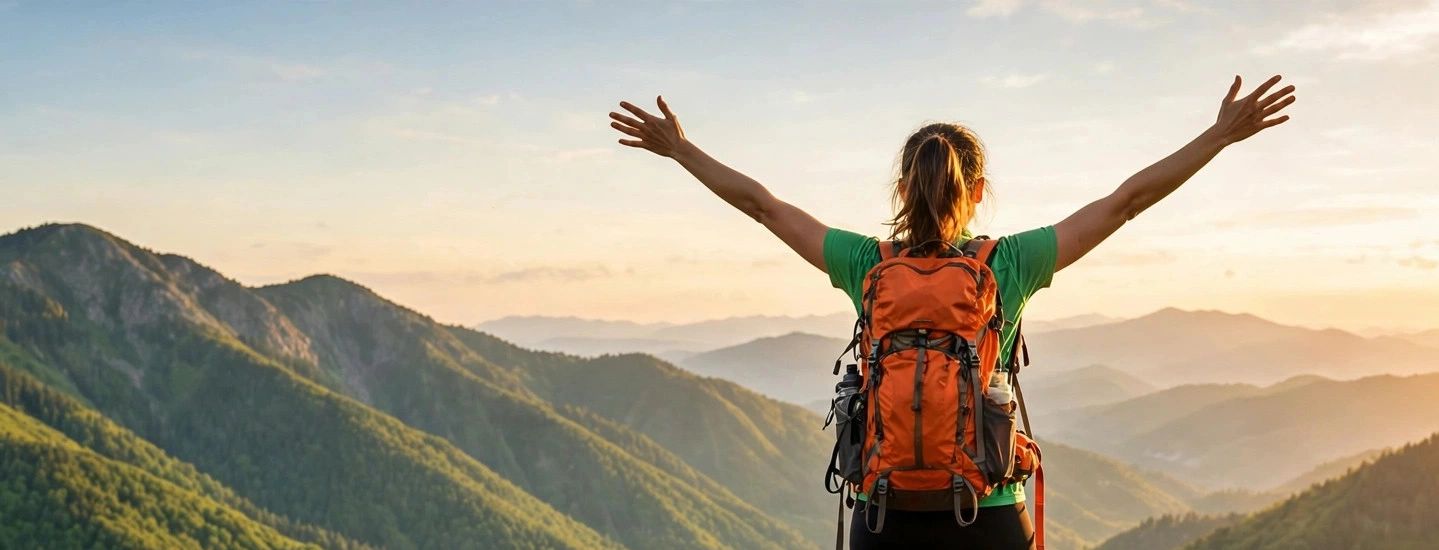Hiker with arms raised overlooking green mountains at sunrise
