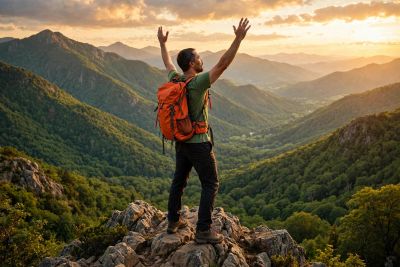 Hiker celebrating on mountain peak at sunset.