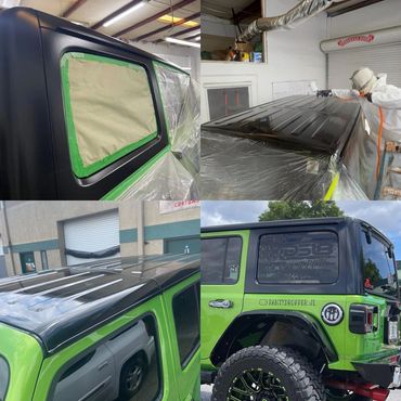 Before & after, custom painting the Jeep hard top from factory to gloss black