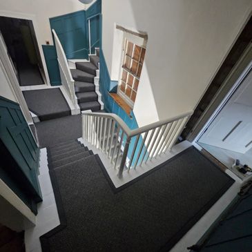 Carpeted staircase with blue paneling and white railings in a well-lit hallway.