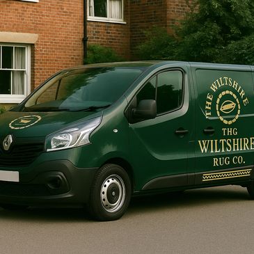 Green delivery van with The Wiltshire Rug Co. branding parked on a street.