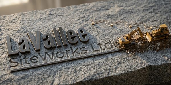 Logo for LaVallee SiteWorks Ltd. with miniature excavators on stone.
