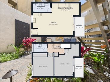 Two-floor apartment floor plan with kitchen, bathroom, bedrooms, and balconies.