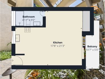 Floor plan showing kitchen, bathroom, and balcony with dimensions.