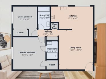 Floor plan of a two-bedroom apartment with two bathrooms, kitchen, living room, and closets.