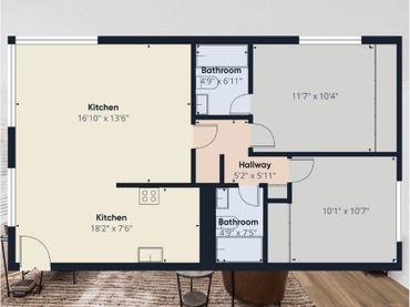 Floor plan with two kitchens, two bathrooms, and two rooms connected by a hallway.