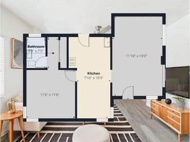 Floor plan overlay on a modern living room with wood furniture and a TV.