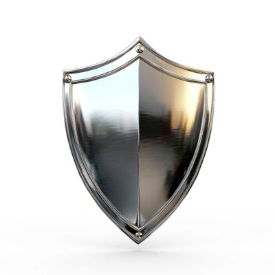 A shiny metal shield with a reflective surface.