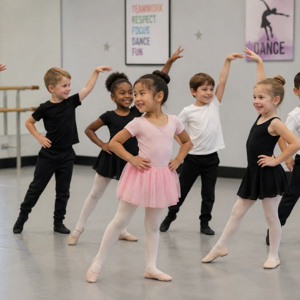 A group of happy children enjoying dynamic dance classes together.
