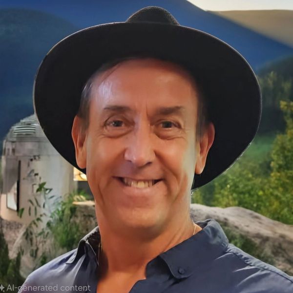 Smiling man wearing a black banjo swagger hat outdoors with mountains and greenery in the background.