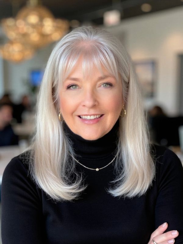 Smiling woman with silver hair wearing a black turtleneck and gold hoop earrings.