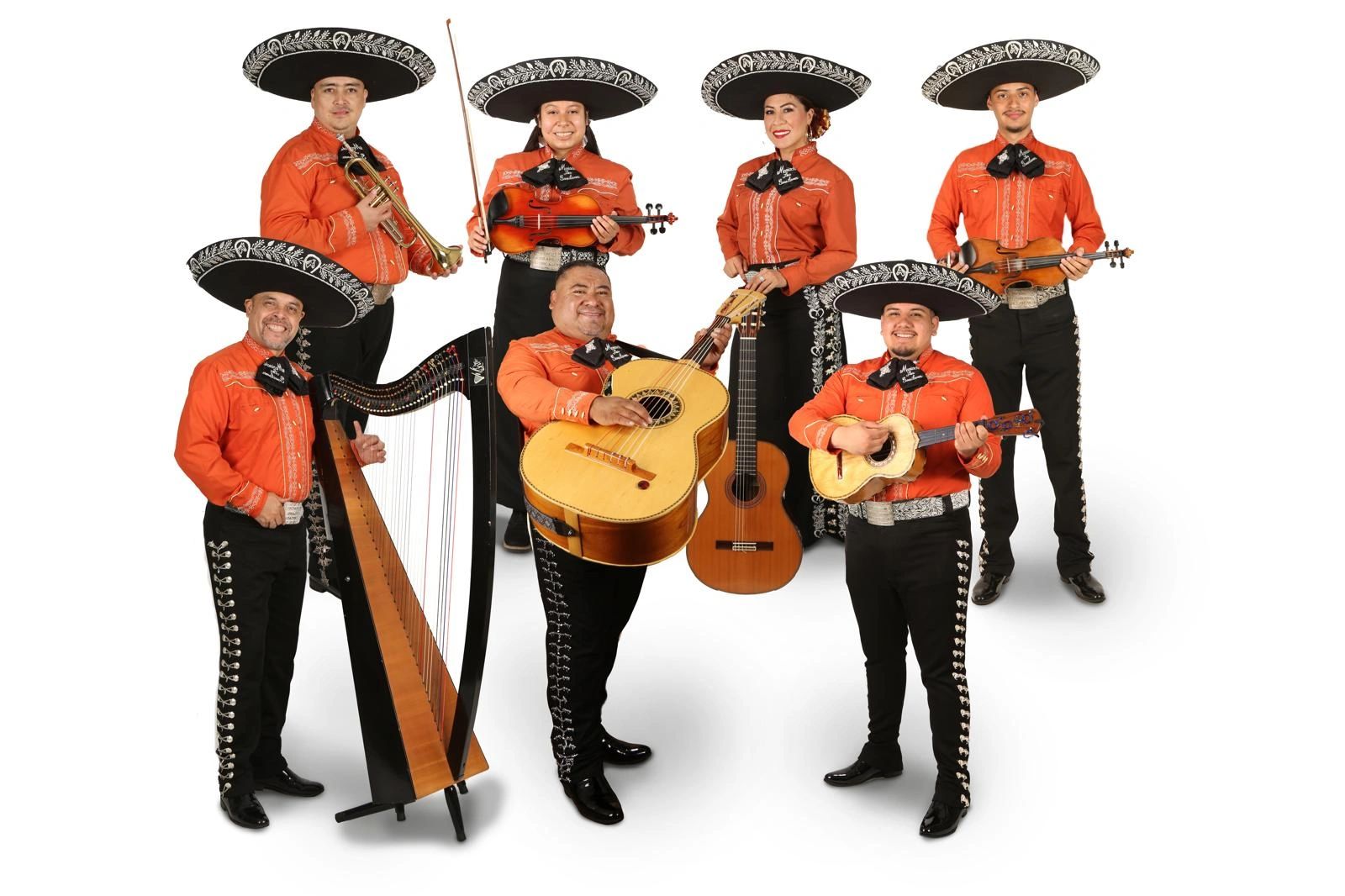 Mariachi band in traditional attire with instruments on white background.