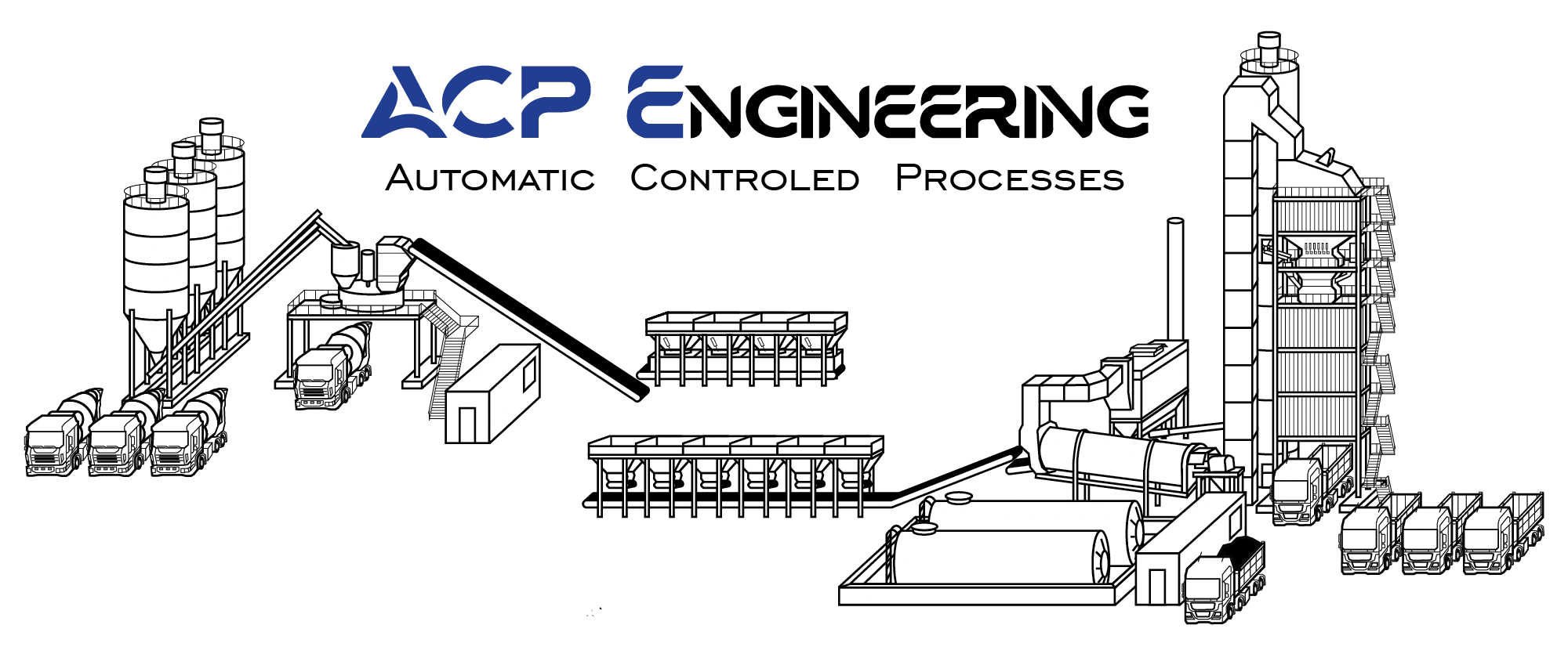 Diagram of an industrial cement plant and asphalt plant with trucks and silos under ACP Engineering.