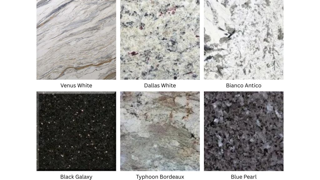 Six granite samples with distinctive colors and patterns.