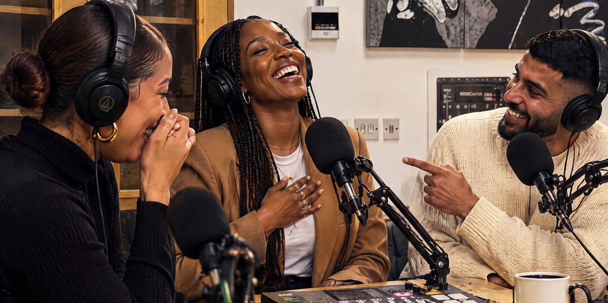 Three friends happily recording a podcast together.