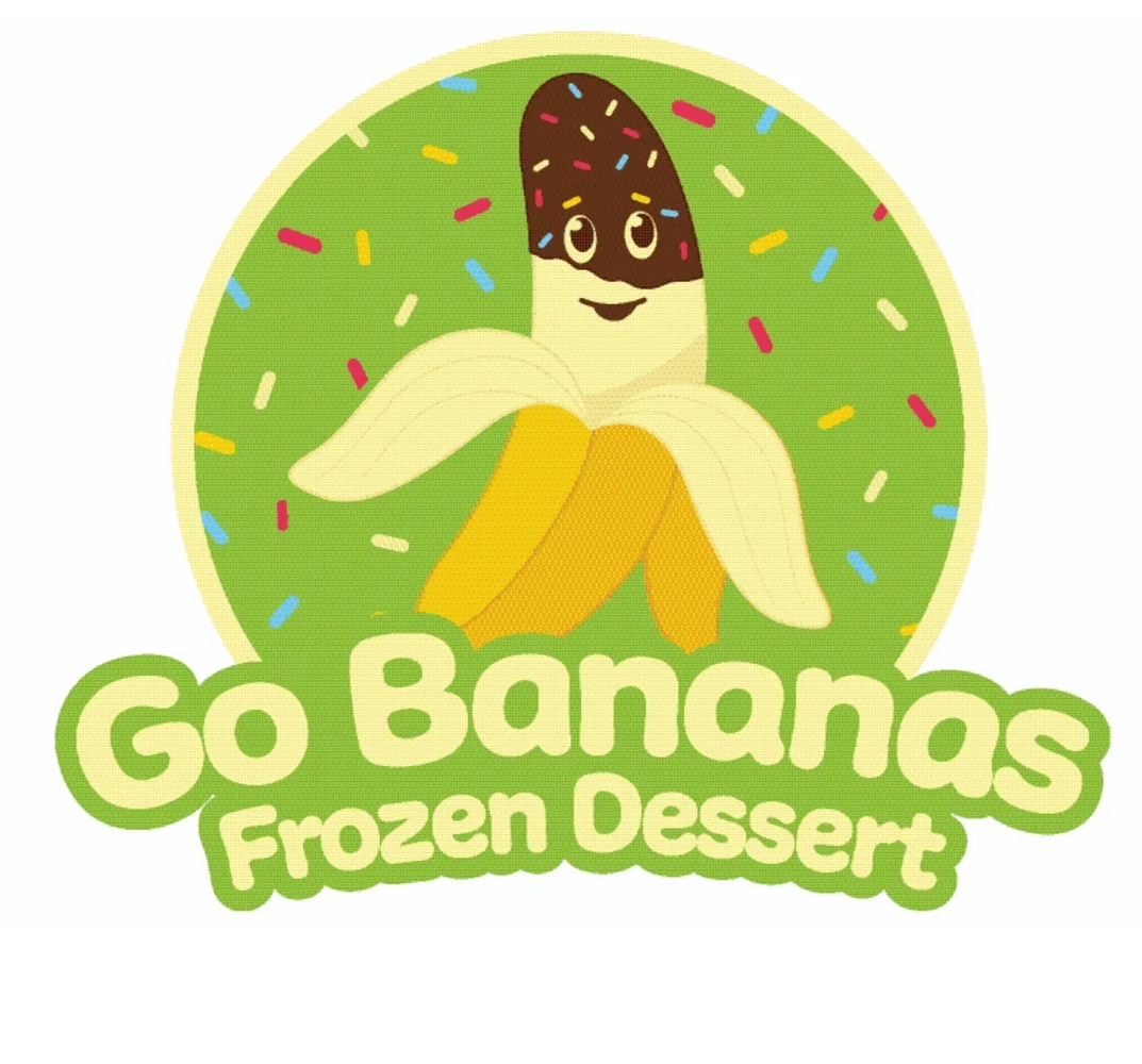 Logo for Go Bananas Frozen Dessert featuring a smiling banana dipped in chocolate with sprinkles.