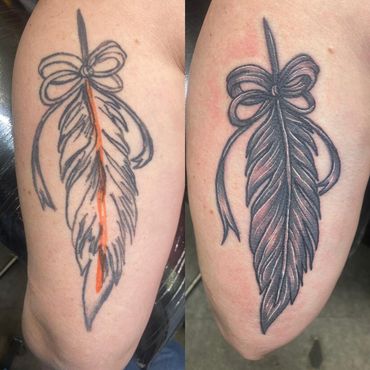 Before and after of a feather tattoo with a bow, showing a refined and shaded design.