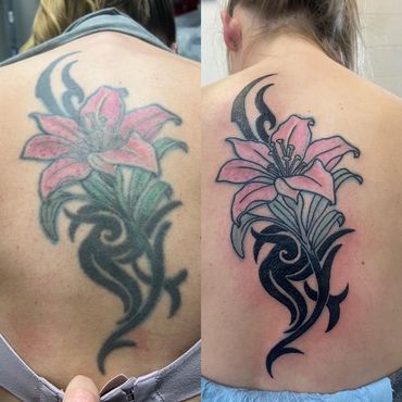 Before and after images of a vibrant floral tattoo refresh on a person's back.