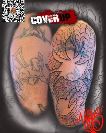Before and after images of a detailed tattoo cover-up on an arm.