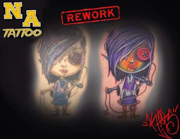 Before and after tattoo rework of a stitched doll character with purple hair.