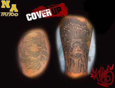 Tattoo cover-up transformation from faded design to detailed Native American chief.