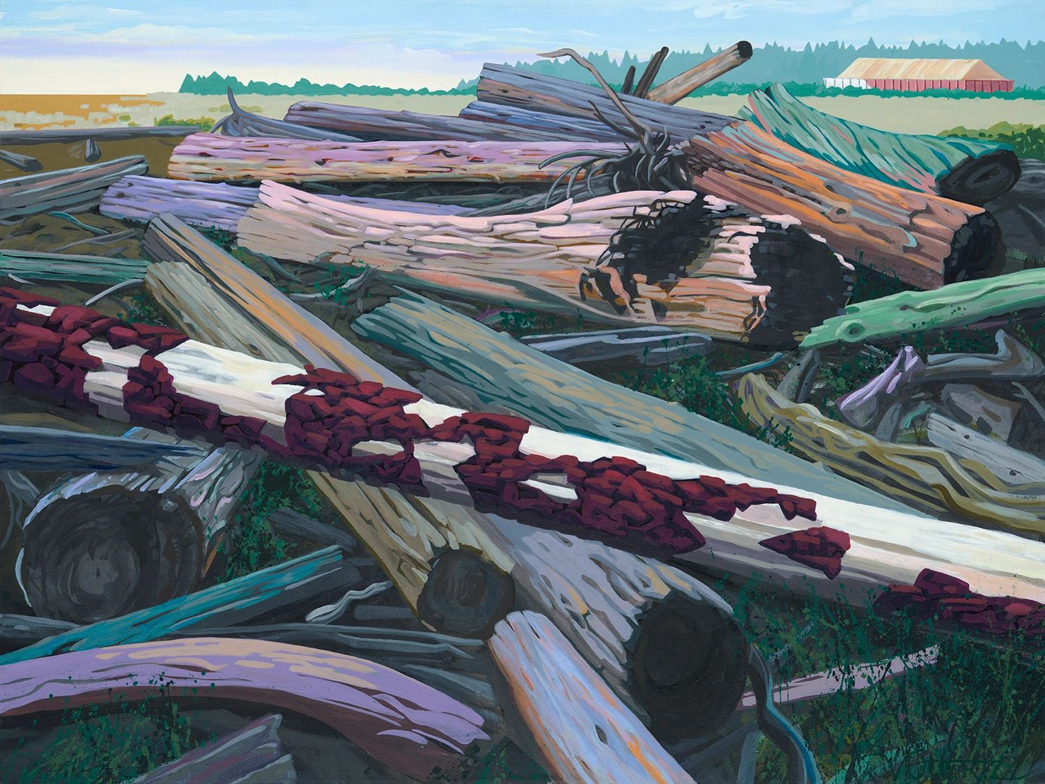 A colorful painting of a pile of logs in a field with a barn in the distance.