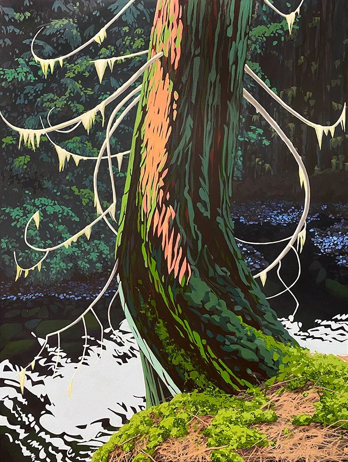 A vibrant tree trunk with colorful moss and winding branches in a forest setting.