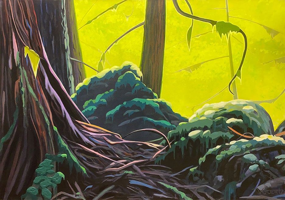 Vibrant forest scene with glowing yellow-green light and moss-covered rocks.