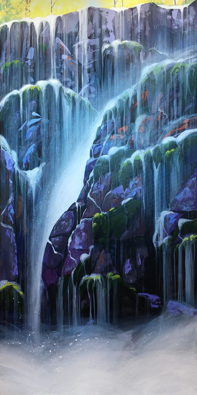 A vibrant painting of a cascading waterfall over moss-covered rocks.