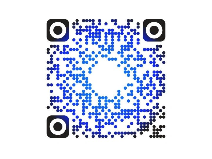 A blue and black gradient QR code with rounded dot patterns.
