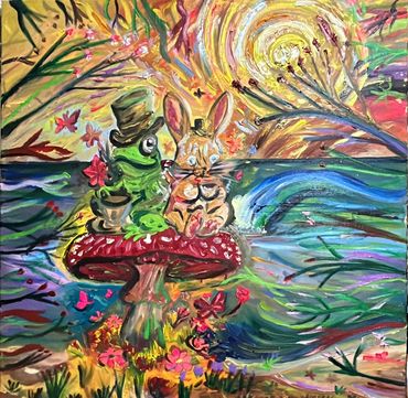 Whimsical eccentric quirky oil painting Swarovski art for sale rabbit and frog animal artworks sale