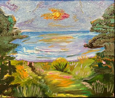 Framed on stretched canvas a seascape with landscape in forefront