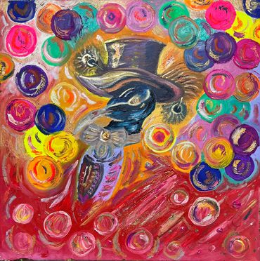 Colorful abstract painting of a bird wearing a top hat surrounded by vibrant circles.