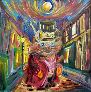 Squirrel steampunk in street elm hill. Oil painting on canvas. Quirky decor