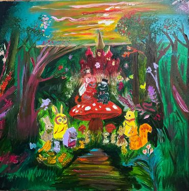 Frog and rabbit on toadstool vibrant quirky eccentric artwork in UK