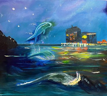 Calm waters is a tranquil oil painting of a dolphin splashing in front of a harbour