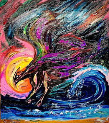 Seascape oil artwork painting featuring an eagal on stretched canvas for sale uk eccentric artwork