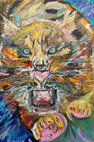 A wild cat in dramatic colours and form oil painting on stretched canvas ready to hang custom made