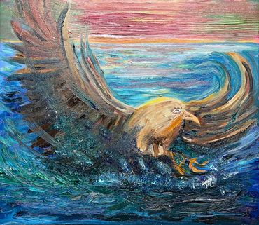 A bird flying over a seascape with the sun setting in the background. Vibrant art that brightens.