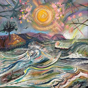 A seascape with flowers on stretched canvas in oil