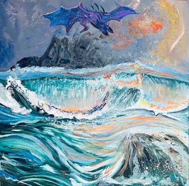 Original dragon seascape painting in vivid colours oil artwork eccentric home decor fantasy painting