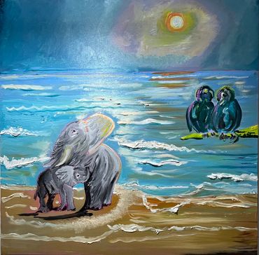 Elephants and birds on a beautiful colourful beach